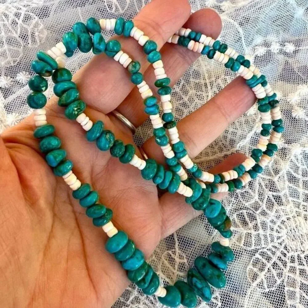Vintage Turquoise nugget & Spiny Oyster Shell Heishi Necklace 30”
